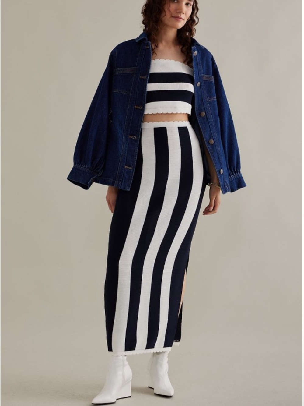 The Mandy Striped Slim Midi skirt & strapless scalloped Bandaeu top.
